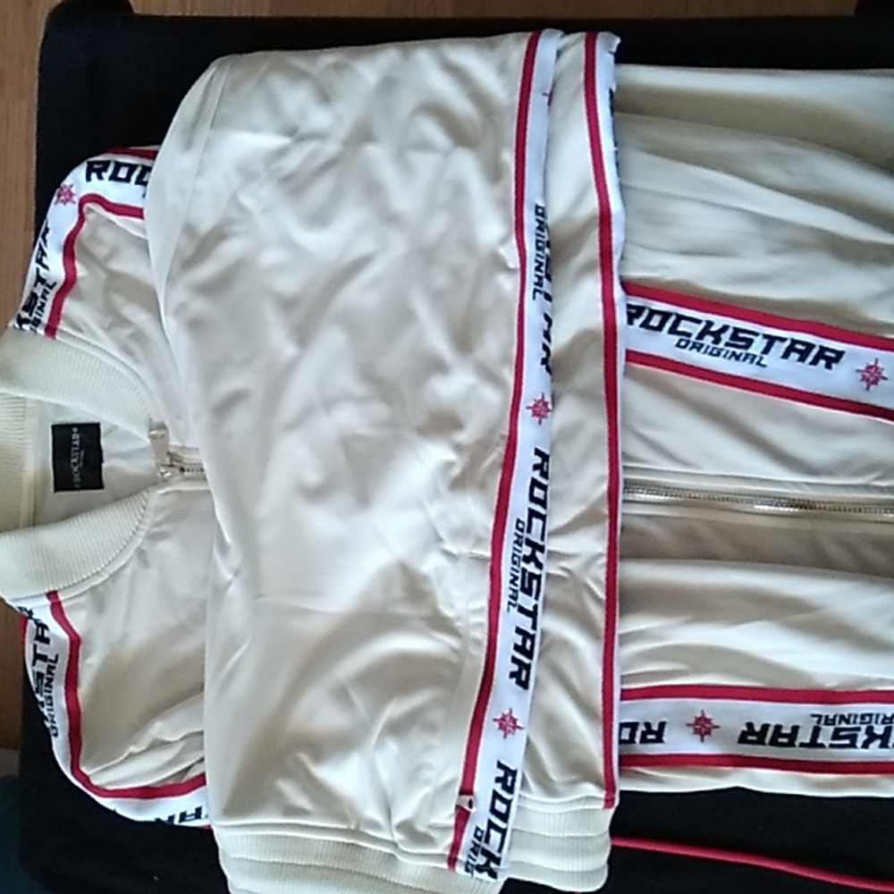Men's ROCKSTAR JOGGER SUIT,XXL,PANTS AND BOTTOMS, CREME &RED STRIPES
